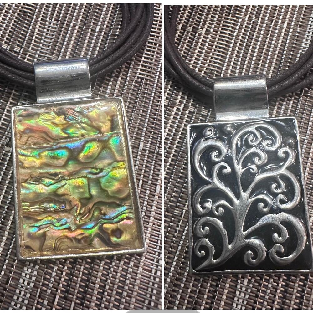 Reversible Cookie Lee Scroll Abalone Pendant Necklace Black Silver tone Boho